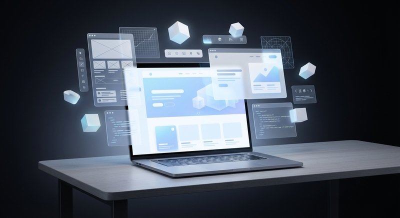 Ilustração clara representando criação de sites profissionais com layout moderno e elementos digitais.