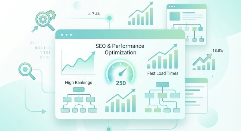Imagem relacionada ao SEO técnico, melhorias de performance, otimização de velocidade e estrutura para aumentar visibilidade nos buscadores.